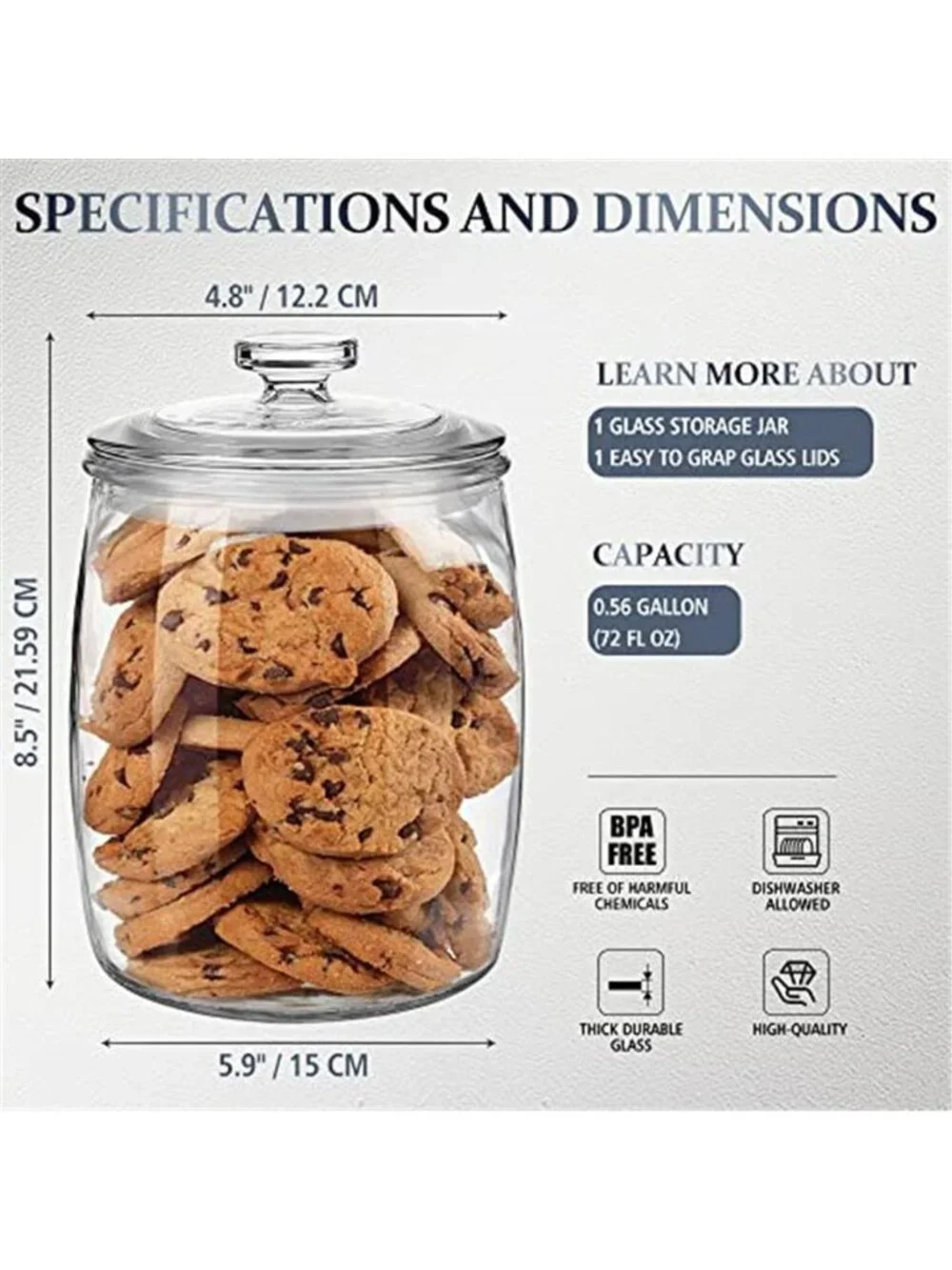 Wide Mouth Apothecary Jar with Lid, 0.5 Gallon Glass Jar for Kitchen Storage